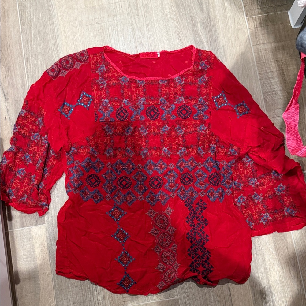 Johnny Was Red and Blue Patterned Blouse